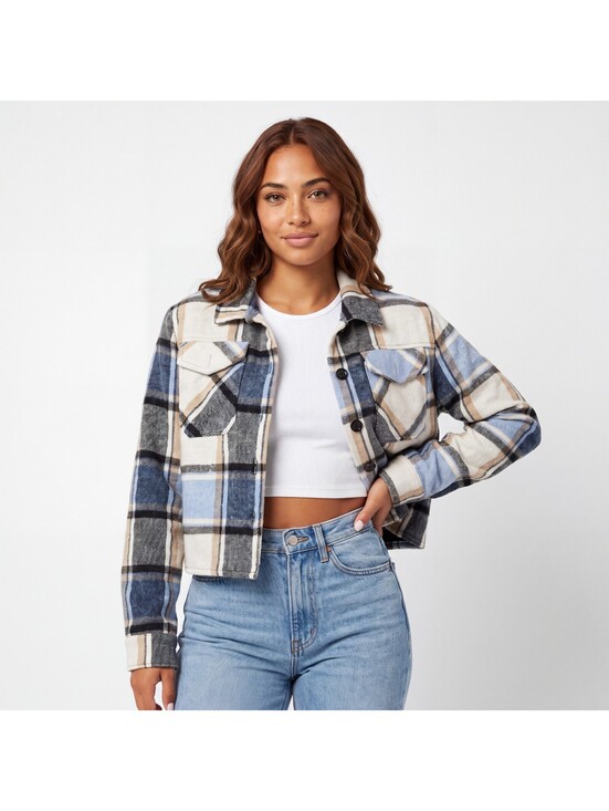 Jackets & Blazers - Shawnda Womens Cropped Plaid Flannel Shacket Jacket Small S Blue Tan Button Down